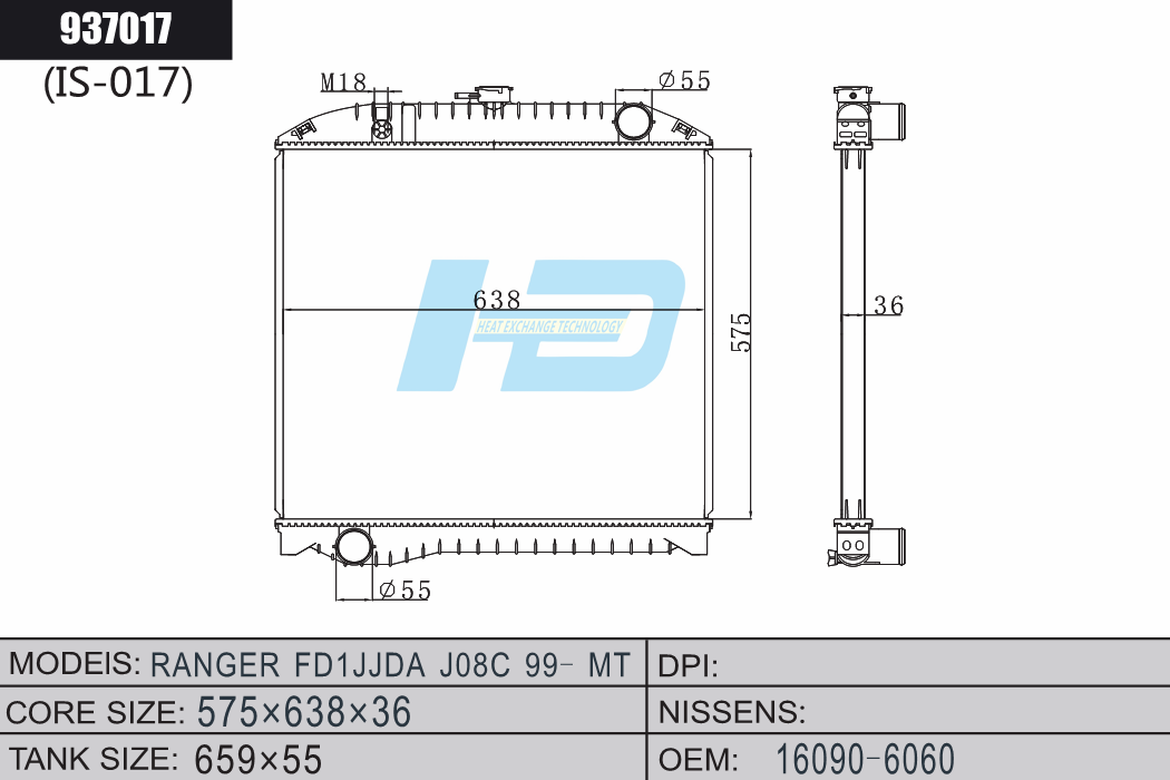 Heavy-Duty Radiator for 937017 RANGER FD1JJDA J08C 99-MT Truck